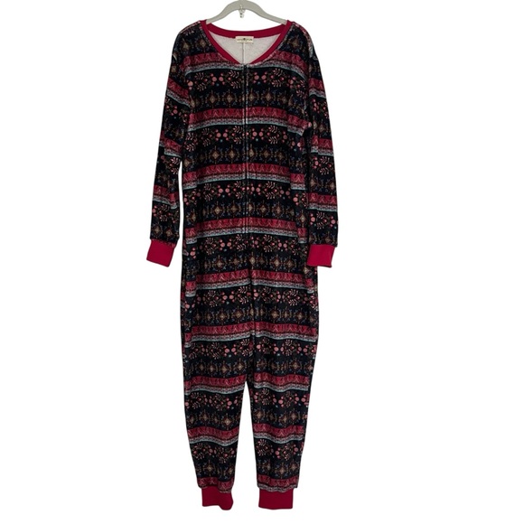 Natural Life Plush Fleece One Piece Pajamas Boho Print L/XL Cabincore Loungewear - Picture 4 of 13